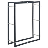 Black steel firewood rack measuring 31.5x9.8x39.4 inches with open frame.
